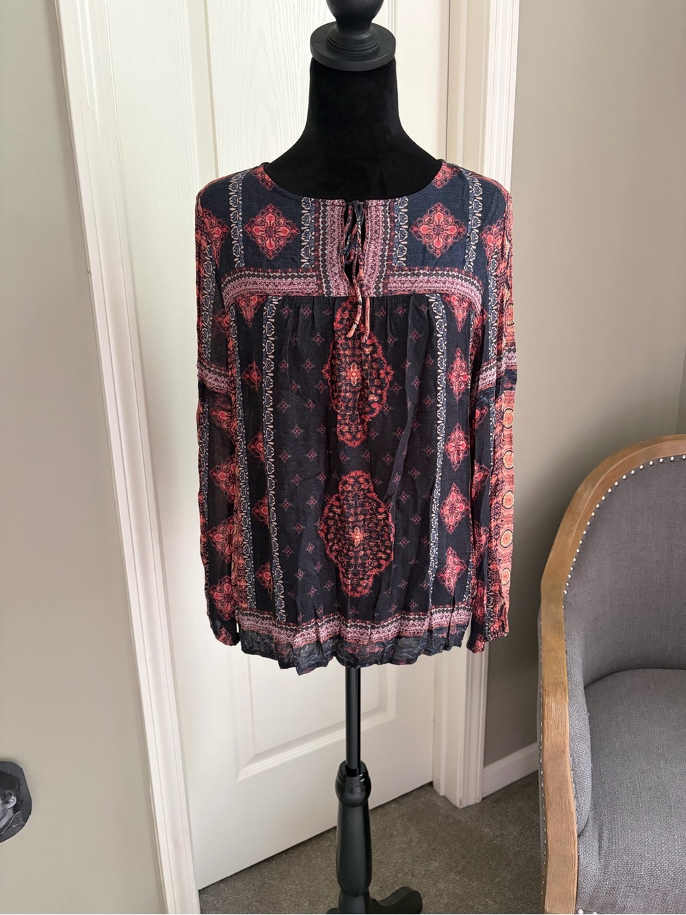 Lucky Brand Black and Red Boho Peasant Blouse